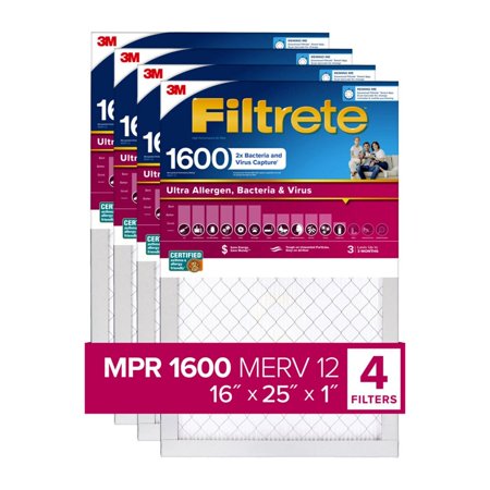 Filtrete Ultra Allergen 2X Bacteria & Virus Furnace Filters  1600 MPR  25x16x1  4 Pack - Bellso